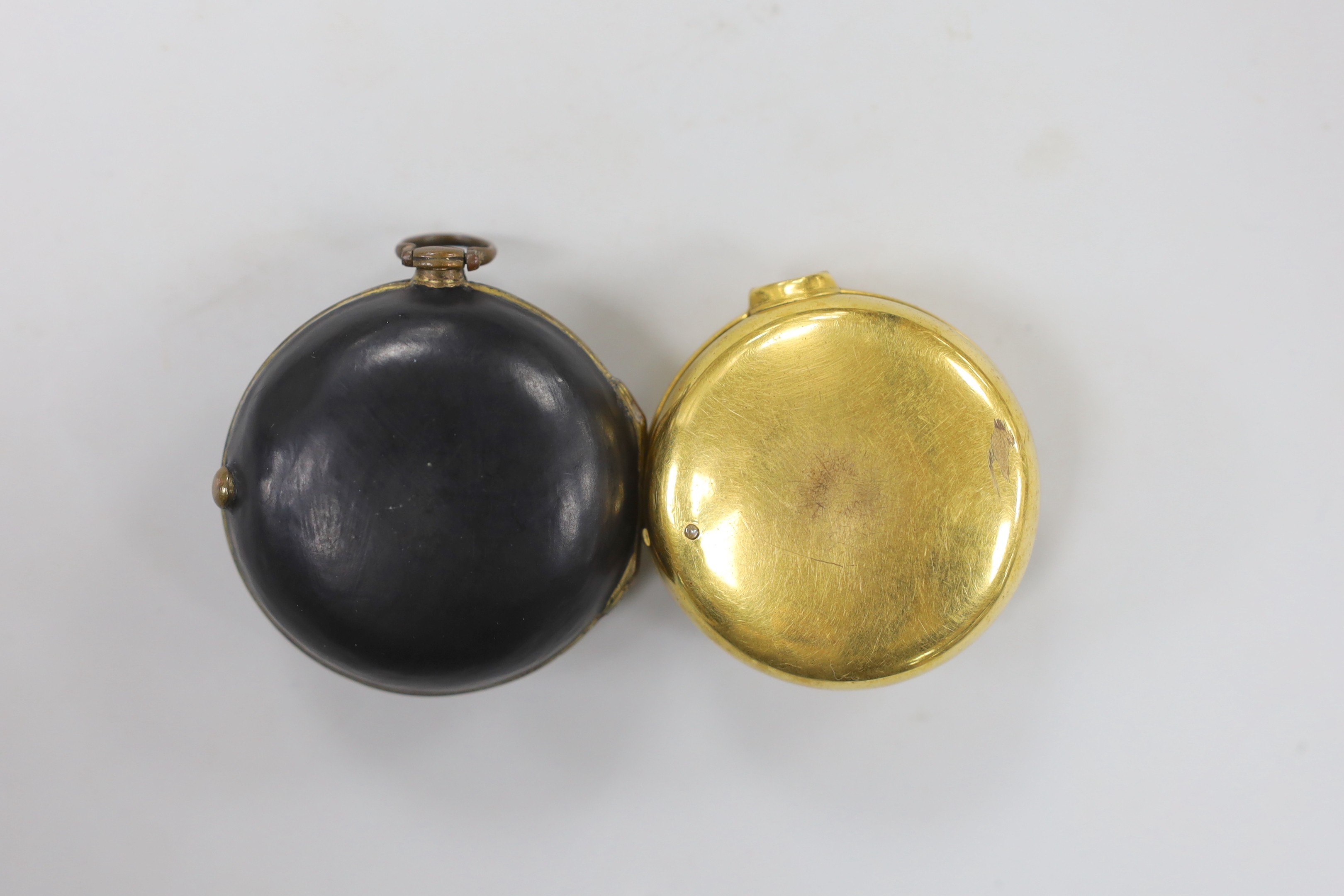An 18th century gilt metal pair cased keywind verge pocket watch, by Frank Upjohn of London (a.f.) and a similar pocket watch by J. Edmond of Liverpool.